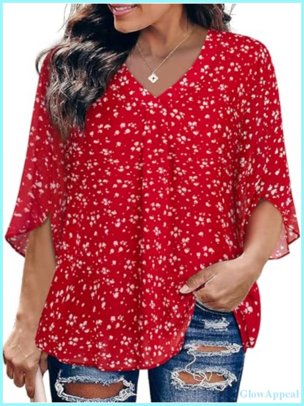 Siddhe Womens Plus Size Chiffon Tunic Blouse 3/4 Bell Sleeve V-Neck Loose Fit